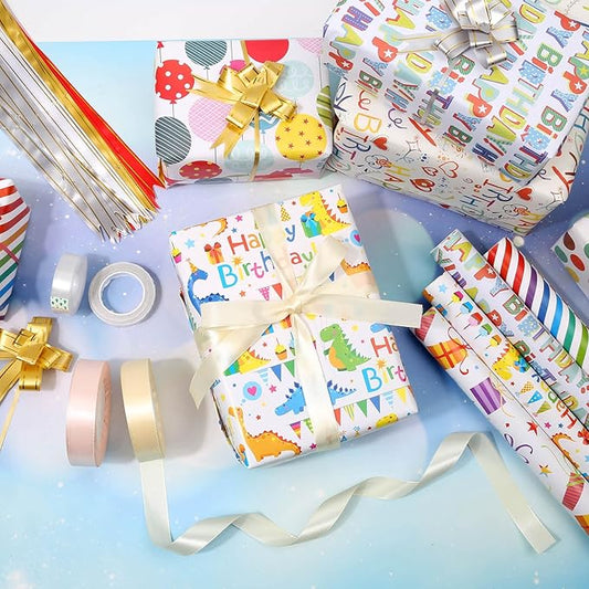 Tidponra Birthday Wrapping Paper Sheets Set, 14 Sheets Folded Flat Gift Wrapping Paper with Ribbon, Bows and Tape for Party, 19.7 in. X 27.5 in. Per Sheet