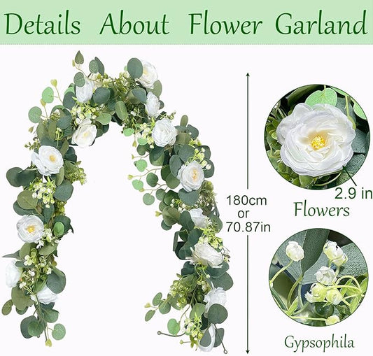 2 Pack 12Ft Artificial Eucalyptus Flower Garland with White Roses, Faux Floral Greenery Garland Fake Flower Vines for Wedding Party Centerpiece Table Runner Arch Party Decor (2PCS,White