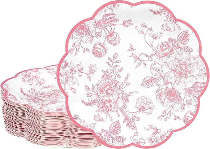 Pink Floral Party Plates Vintage Floral Leaf Disposable Paper Plates Wildflower Pink Toile 7" Scalloped Rim Dessert Plates for Valentines Birthday Bridal Tea Party Supplies (24)