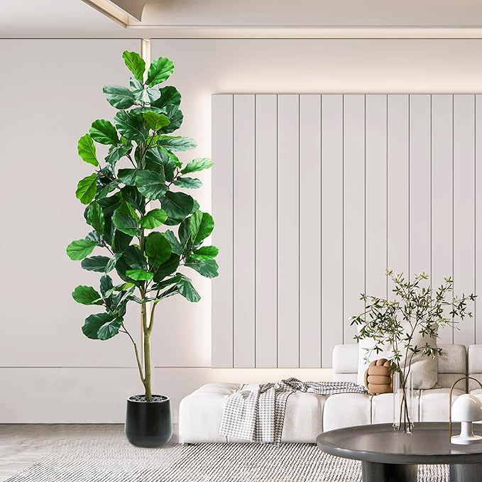 Artificial Fiddle Leaf Fig Tree:7FT Tall Faux Ficus Lyrata Plant Fake Fig Trees Realistic Green Silk Large Leaves with Natural Trunks & Pebbles in Black Planter for Indoor Outdoor Office Home.