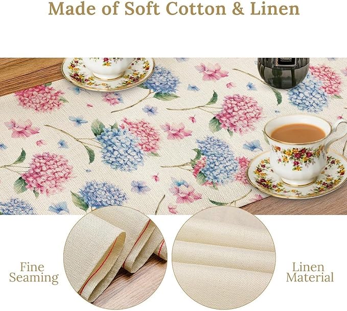 Hydrangea Table Runner, Spring Summer Watercolor Blue Floral Seasonal Country Farmhouse Coffee Table Center Decor for Home Kitchen Dining Patio Holiday Party Table Decorations 13x90 inches
