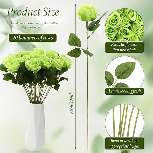 Hotop 20 Pcs Artificial Rose Flowers with Long Stem,Real Touch Silk Realistic Plastic Bouquet Roses Bulk for Home Decor Bridal Wedding Party Table Centerpieces Decorations(Green)