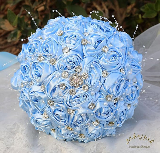 Bridal Wedding Bouquet Round Bling Brooch Bouquet Throw Toss Artificial Rose Flower Bunch for Bride Bridesmaid Wedding Quinceanera(Light Blue, 8.7")