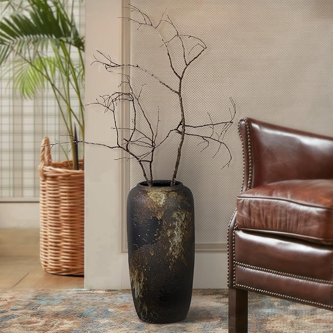 Rustic Ceramic Tall Floor Vase,15.7 Inch Black Large Pottery Farmhouse Decor Floor Vase for Living Room Entryway Table Centerpiece Decor,Vintage Terracotta Vases,Wedding Gift