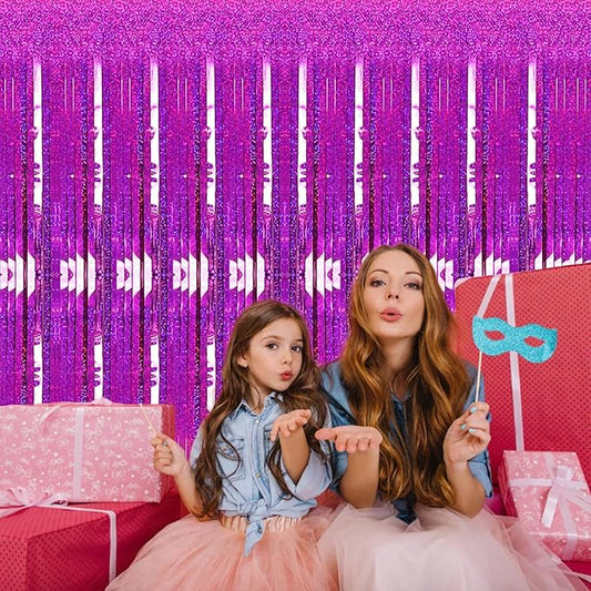 2 Pack 3.2ft x 8.2ft Hot Pink Metallic Tinsel Foil Fringe Curtains, Photo Booth Backdrop Door Curtains Party Streamers for Wedding Birthday Baby Shower Bachelorette Holiday Party Decorations
