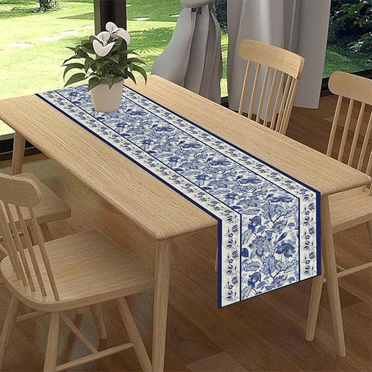 Blue Floral Table Runner, Rustic Vintage Paisley Floral Retro Boho Art Linen Coffee Table Center Decor for Family Kitchen Farmhouse Holiday Party Table Decorations Indoor Outdoor 13x90 inch