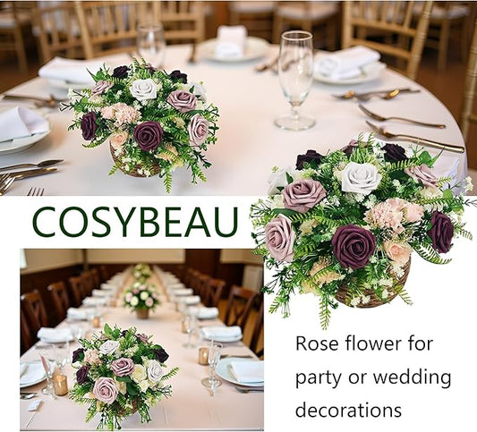Artificial Fake Flowers 25pcs Roses, Shade of Dark Purple Foam Rose Faux Flower for DIY Wedding Bouquet Bridal Shower Centerpieces Floral Arrangements Party Table Home Decorations