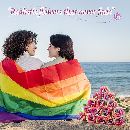 Hotop 20 Pcs Artificial Rose Flowers with Long Stem,Real Touch Silk Realistic Plastic Bouquet Roses Bulk for Home Decor Bridal Wedding Party Table Centerpieces Decorations(Rainbow)
