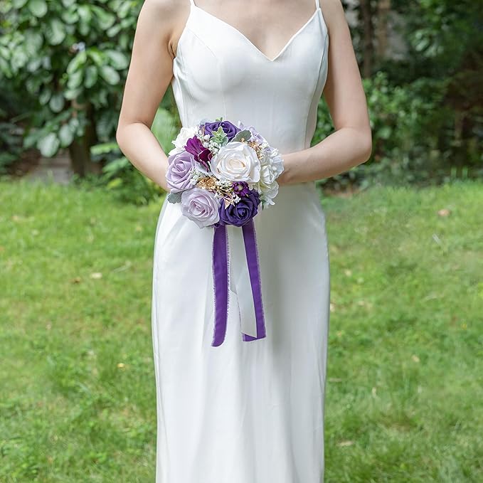 ponatia Purple Wedding Bouquets for Bride Bridesmaid, Cream Wedding Artificial Roses Flowers for Wedding Bouquets Ceremony, Anniversary (Purple & Cream)