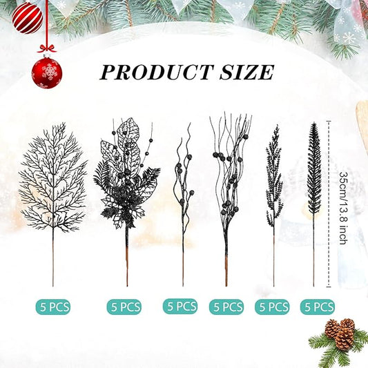 30 Pcs Artificial Christmas Tree Picks and Sprays Glitter Berry Stem Branches Holly Floral Picks Twigs Christmas Tree Ornaments for DIY Xmas Wreath Vase Filler Decorations(Black)