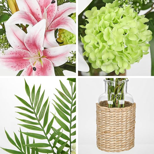 Hollyone Fake Flowers with Vase, Easter Lily Flowers, Pink Silk Tiger Lily and Hydrangea Artificial Flowers in Vase, Faux Plants and Flowers Arrangement Bouquets for Table Centerpieces Home Decor