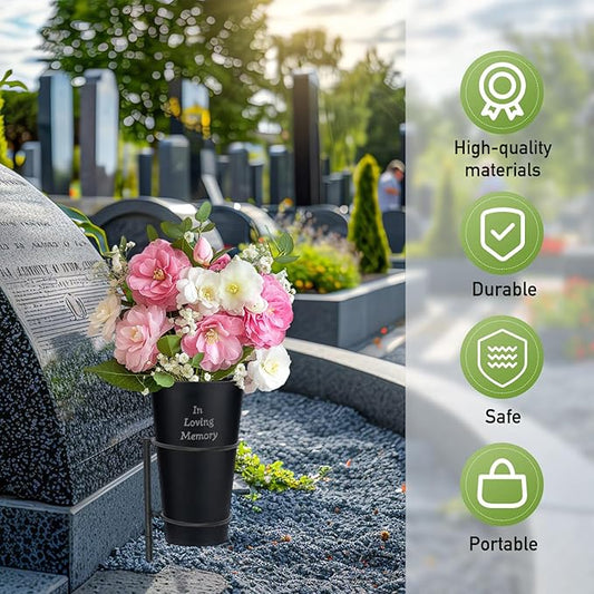 Engraving Metal Cemetery Vases Flower Holder with Spikes Memorial vases for Grave Vase Decorations for Cemetery Vase Flower Holder for Memorial Grave Lawn Yard Funeral Headstone Decor with Freely DIY