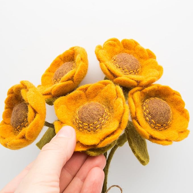 Glaciart One Felt Sunflowers Artificial Bouquet - 5 pcs | Reusable, Washable and Essential Oil Ready Multi Color Artificial Flowers w/Bendable Wire Stems |Great Gift or Home/Event Decorations