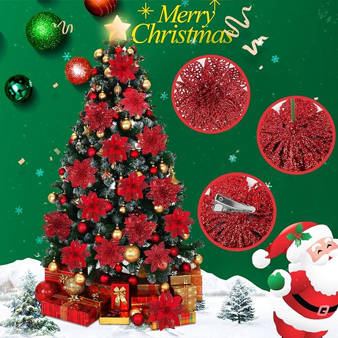 RECUTMS 66 Pcs 3 Styles Red Christmas Ornaments Christmas Glitter Poinsettia Flowers Artificial Christmas Tree Flower Decorations Wedding Wreath Floral Decorations (Red)