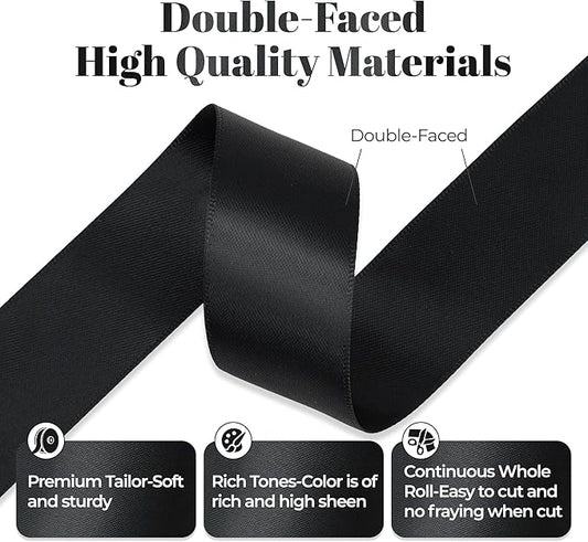 Double Faced Black Satin Ribbon, 1 Inch X 50 Yards Polyester Ribbon for Gift Package Wrapping, Crafts, Bow Making, Sewing, Flower Bouquet, Wedding Party Decor
