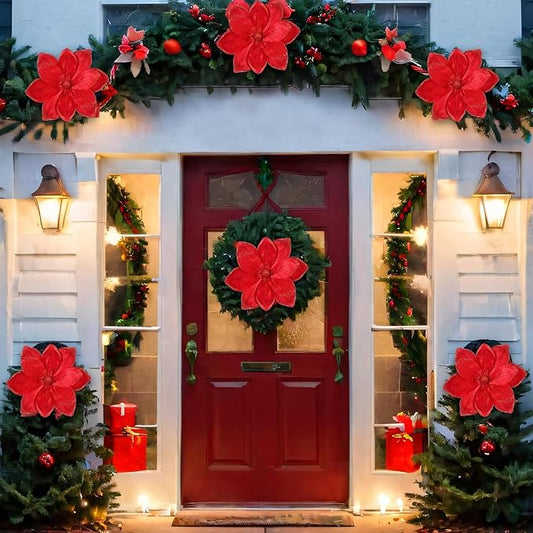 8 Pcs Large Christmas Flower Magnolia Flowers Christmas Tree Decoration Artificial Poinsettia Stems Velvet Xmas Ornaments for Xmas Tree Table Decor (Burgundy,16 Inch)