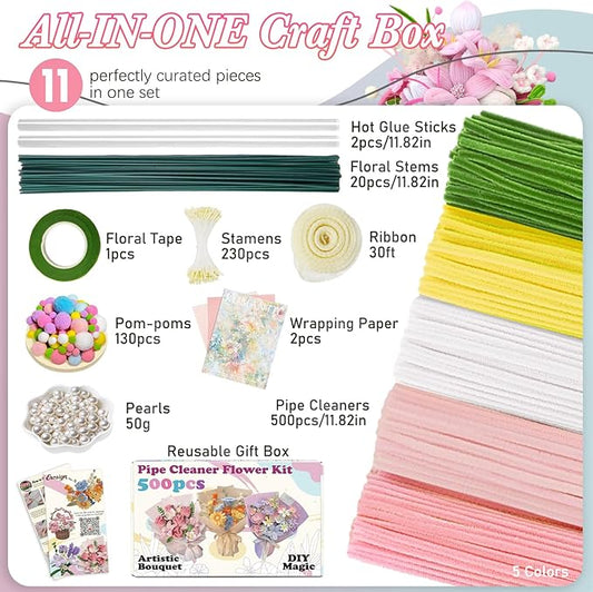 Erosign 500 Pcs All-in-One Pipe Cleaner Flower Making Kit - Complete DIY Craft Set for Kids & Adults | Includes Chenille Stems, Wires, Tape, Stamens, Ribbon, Beads, Pom Poms, Paper, Glue | (Pink)