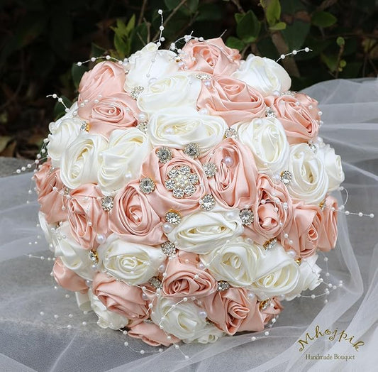 Bridal Wedding Bouquet Round Bling Brooch Bouquet Throw Toss Artificial Rose Flower Bunch for Bride Bridesmaid Wedding Quinceanera(Peach Pink & Ivory, 6.3")
