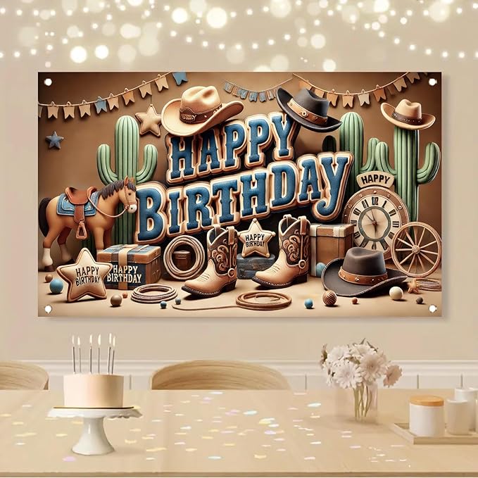 Western Cowboy Happy Birthday Banner Backdrop Rustic Wild West House Barn Photo Banner Party Decorations Boots Hat Cactus Horse Rope Photo Background Props 71 x 43 inch