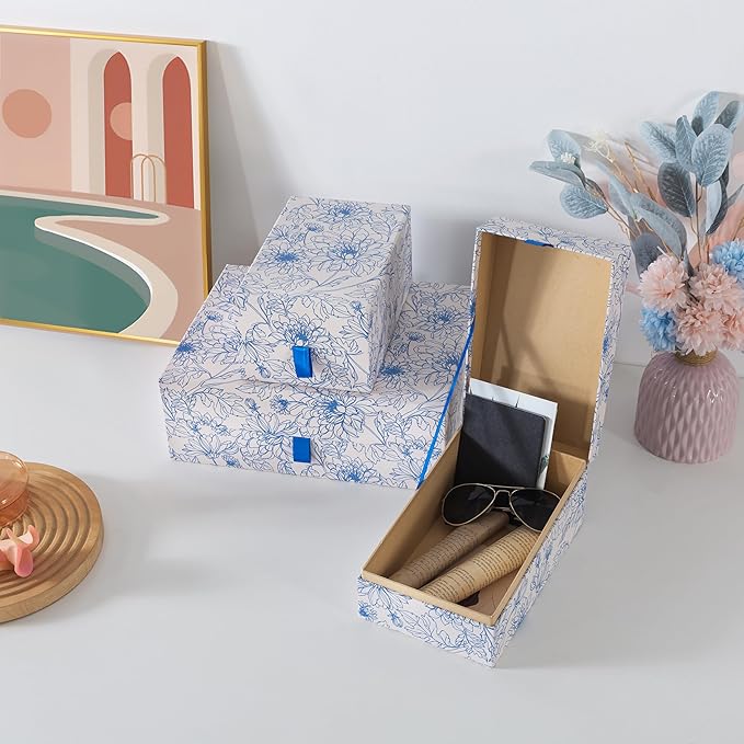Soul & Lane Blue Floral Decorative Boxes with Hinged Lids and Blue Ribbon Pull - Sapphire Bloom, Set of 3 (One Large and Two Medium Boxes), Cardboard Storage for Photos, Documents, Keepsakes
