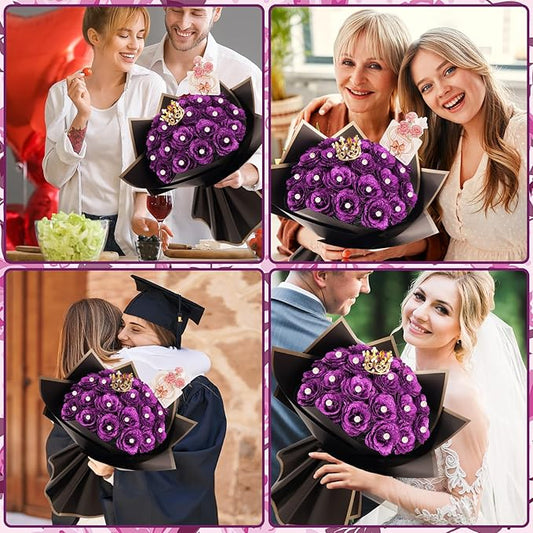 DIY Glitter Roses Bouquet, Valentine's Day Everlasting Shiny Artificial Bouquet, Purple Faux Flowers with Stem Pearl Crown for Graduation Gifts Wedding Anniversary Engagement Day Birthday,25 Pcs