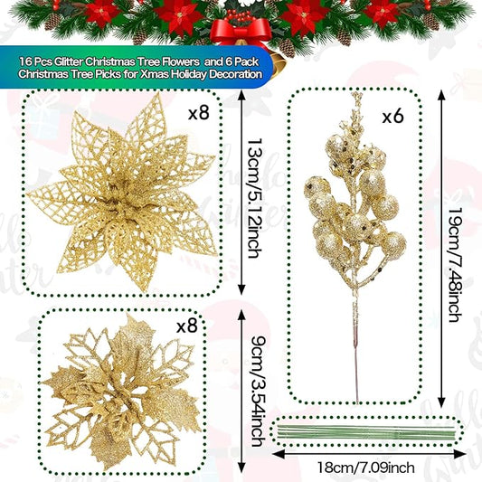Zhuqing 22Pcs Christmas Poinsettia Artificial Flowers and Glitter Berries Stems Kit, 16Pcs Christmas Tree Flowers Ornaments and 6 Pack Christmas Tree Picks for Wedding Holiday Decorations (Gold)