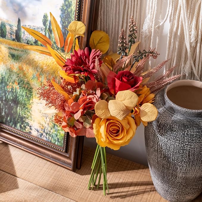 Fake Silk Flowers Bouquet Faux Centerpieces with Roses, Gerberas, Hydrangea etc, Realistic Artificial Floral Arrangements for Home Kitchen Decor