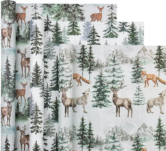 WRAPAHOLIC Kraft Christmas Wrapping Paper Roll - Mini Roll - 3 Rolls - 17 Inch x 120 Inch Per Roll - Watercolor Elk, Wild Animal and Winter Forest Landscape Holiday Collection