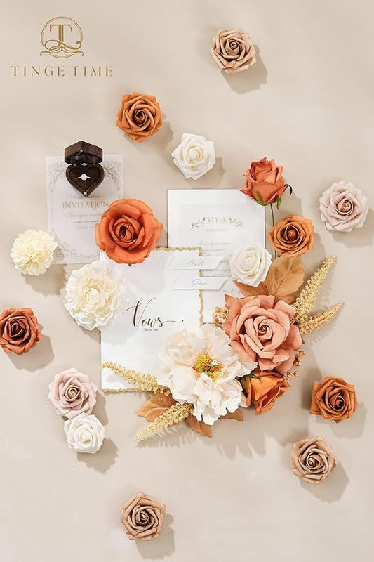 TINGE TIME Artificial Flowers Light Burnt Orange & Champagne Flower Combo for DIY Wedding Bouquets Table Centerpieces Arrangements Party Dinner Party Baby Shower Home Fall Decorations