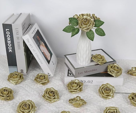 Gold Glitter Roses 30PCS 3.15" Artificial Roses with Stems for DIY Wreath Wedding Christmas Home Party Decor