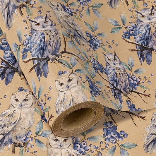 WRAPAHOLIC Kraft Christmas Wrapping Paper - Mini Roll - 17 Inch x 33 Feet - Owl Wrapping Paper Wild Animal Winterfall Watercolor Design for Christmas, Holiday, Party Celebration