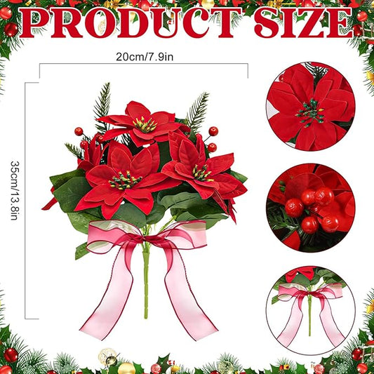 Poinsettia Christmas Decorations 6 Pack 7 Heads Artificial Poinsettia Flowers Bouquet 14 Inch Velvet Poinsettia Picks With Red Berry Stems Holly Leaves for Christmas Tree Vase Porch Home Garden Decor