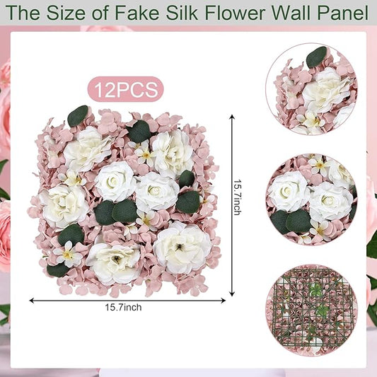 Pack of 12 Artificial Silk Flower Panels, Faux Floral Wall Background for Wedding Party Engagement Bridal Shower Arrangement Home Decorations - Dusty Pink & White