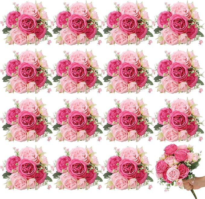 16 Pack Pink,Hot Pink Peonies Artificial Flowers,Fake Silk Hydrangea Bouquet for Bridal Wedding Home Table Decor Reusable Dining Opening Ceremony Birthday Arrangement Faux Floral