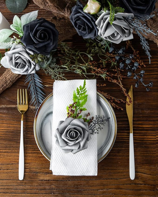 DuHouse 25Pcs Artificial Roses Flowers Fake Roses with Stems Real Touch Foam Flowers for DIY Wedding Bouquet Baby Shower Centerpiece Floral Arrangement Party Home Decor(Silver Grey)