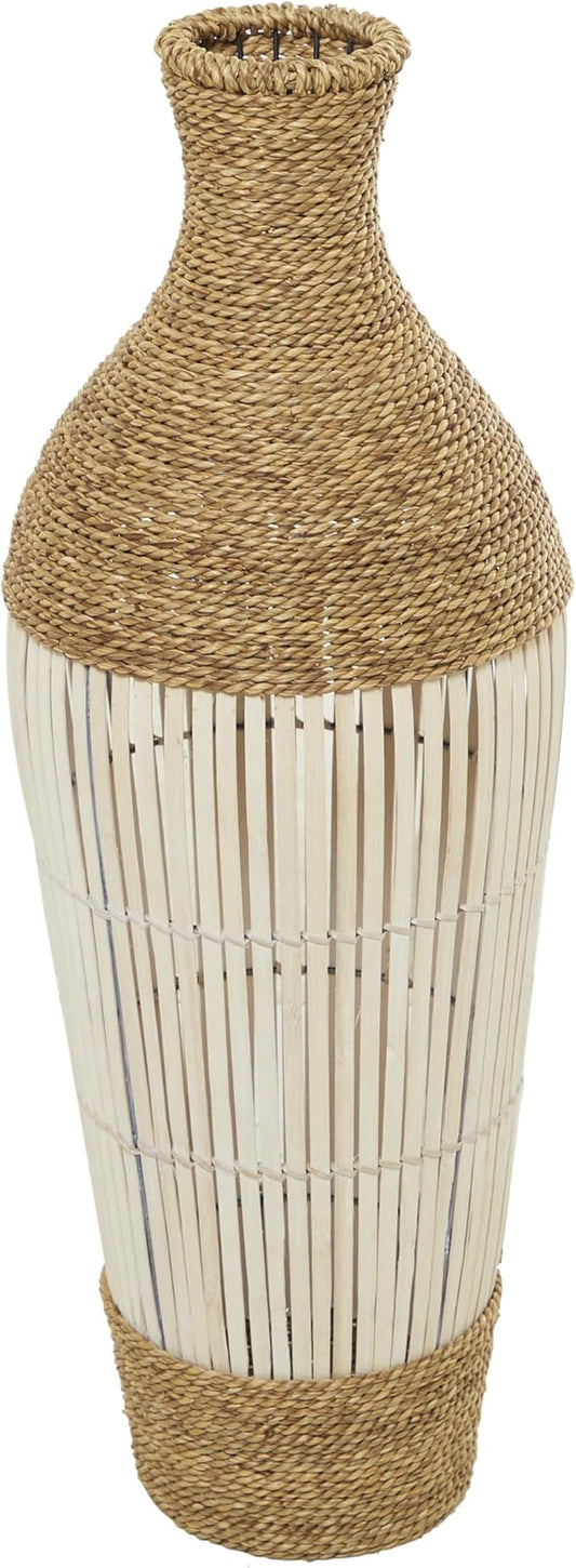 Deco 79 Seagrass Handmade Decorative Vase Wrapped Tall Centerpiece Vase with Cream Slatted Bamboo Center, Vase for Home Decoration 11" x 11" x 32", Brown