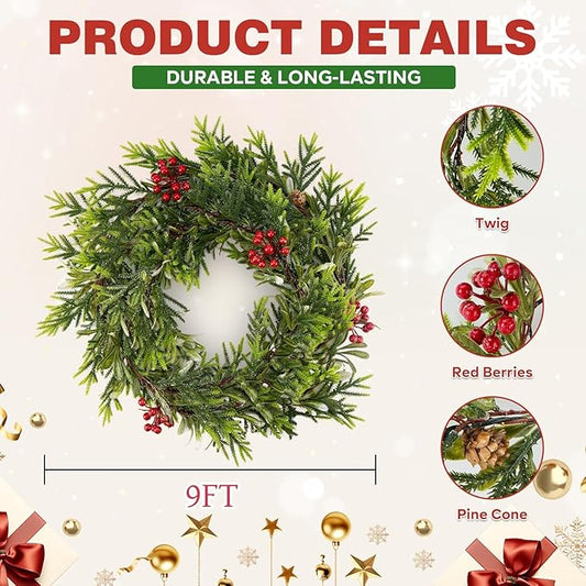 1PC 9FT Christmas Decor Artificial Norfolk Pine Garland,Realistic Artificial Garland Greenery for Fireplace Table, Mantle Wall, Indoor Outdoor Winter Holiday Decorations(1, 9FT)