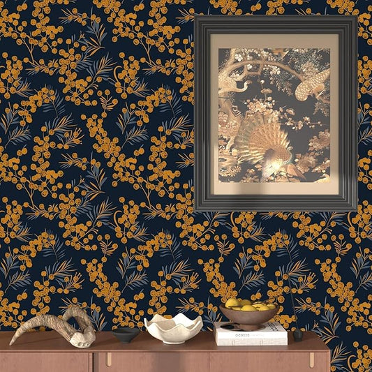 Boho Wallpaper Peel and Stick Leaf Wallpaper for Kitchen Vintage Contact Paper 17.5" x 118" Waterproof Vinyl Self Adhesive Dark Floral Wall Paper for Bedroom Walls Cabinet Locker Decor