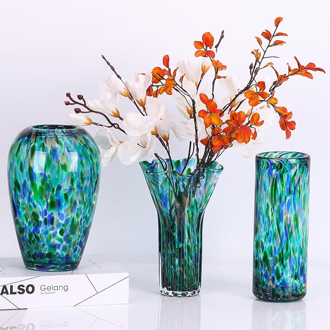 7.8" Tall Teal Vase Hand Blown Glass Vase Green, Modern Teal Home Centerpieces Wide Mouth Vases for Bud&Flower Decor - Ideal Living Room, Kitchen, Wedding, Dining Table, Office Center Table