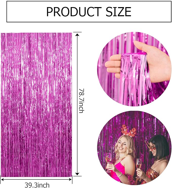 5 Pack Hot Pink Party Decorations - Tinsel Curtain Streamers Foil Fringe Backdrop for Birthday, Christmas, Bachelorette, Graduation, Fiesta Photo Booth