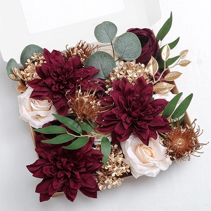 ponatia Artificial Flowers Wedding Flowers Combo for DIY Wedding Bouquets Party Decorations (Gold & Brugundy & Cream)