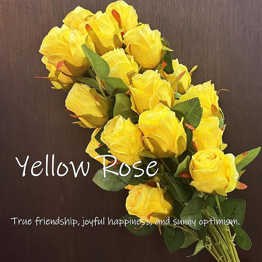 Artificial Roses 10 Pcs - Lifelike Single Stem Fake Roses with Natural Petal Texture,Fade-Resistant Silk Flowers for Wedding Decor,Home Vase Arrangements,Party Centerpieces(10, Yellow)