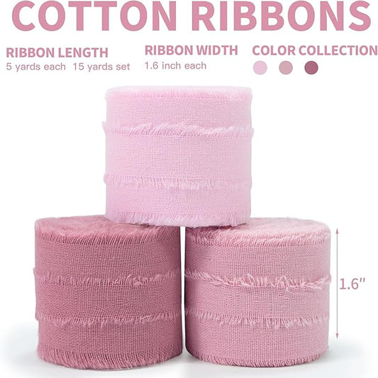 Dusty Rose Pink Ribbon 1-1/2 x 15 Yards Handmade Cotton Frayed Fringe Fabric Ribbons for Crafts Flower Bouquets Wedding Baby Shower Home DIY Decor