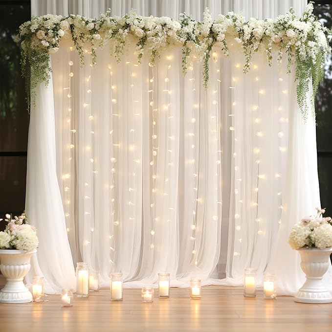 30x8ft White Tulle Backdrop Curtain with Lights String for Parites, Sheer Backdrop Curtains for Wedding Baby Shower Birthday Party Photo Shoot Decorations