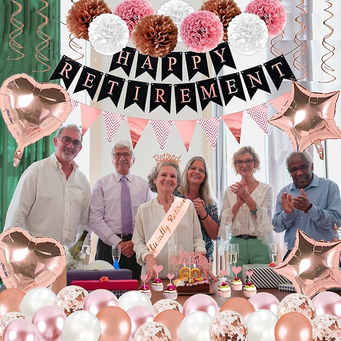 Rose Gold Retirement Party Decorations, 63 Pcs Retired Party Decorations for Women Happy Retirement Banner Hanging Swirls Foil Balloon Cake Toppers Retired Sash Retired Parties Supplies