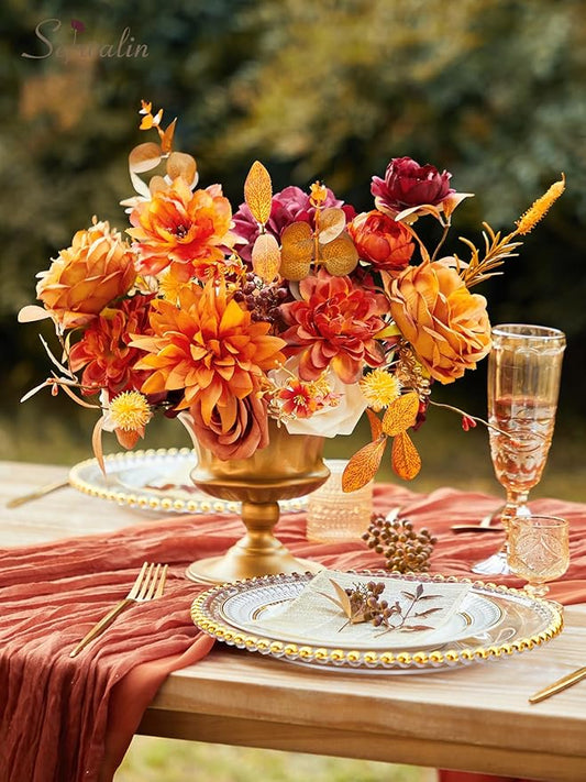 Serwalin Artificial Flowers Orange Burgundy Fall Fake Flowers for DIY Table Centerpieces for Wedding Bouquets Centerpieces Arrangements Silk Flowers Party Baby Shower Home Decorations