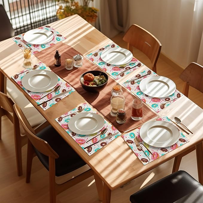 Doughnut Placemats Set of 6,Washable Heat Resistant 12×18 Inch Linen Table Mats Cute Place Mats for Party Outdoor Dining Décor