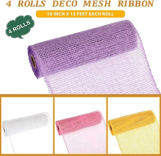 Chuangdi Easter 4 Rolls Poly Burlap Mesh Poly Burlap Deco Ribbon Mesh Roll for Spring Summer 4th of July DIY Flower Wreath Garland, 10 Inch(Pink, Yellow, Light Purple, White)