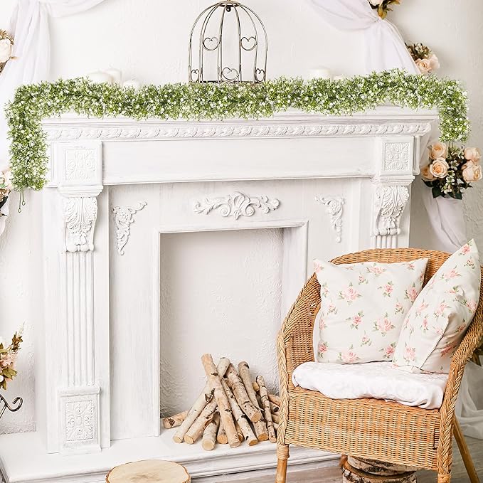 2 Pcs 5.8ft Artificial Baby Breath Flower Vines, Babys Breath Artificial Flowers Real Touch Faux Gypsophila Hanging Fake Baby's Breath Garlands for Wedding and Baby Shower Decor(White)