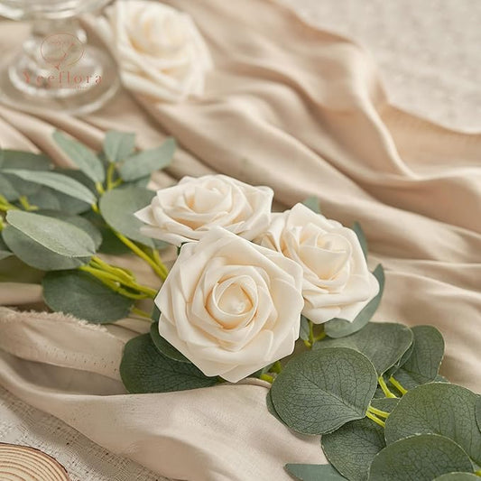 Artificial Flowers, 50pcs Artificial Rose for DIY Wedding Bouquets Centerpieces Arrangements, Champagne Foam Rose with Stem for Bridal Shower Party Home Decorations